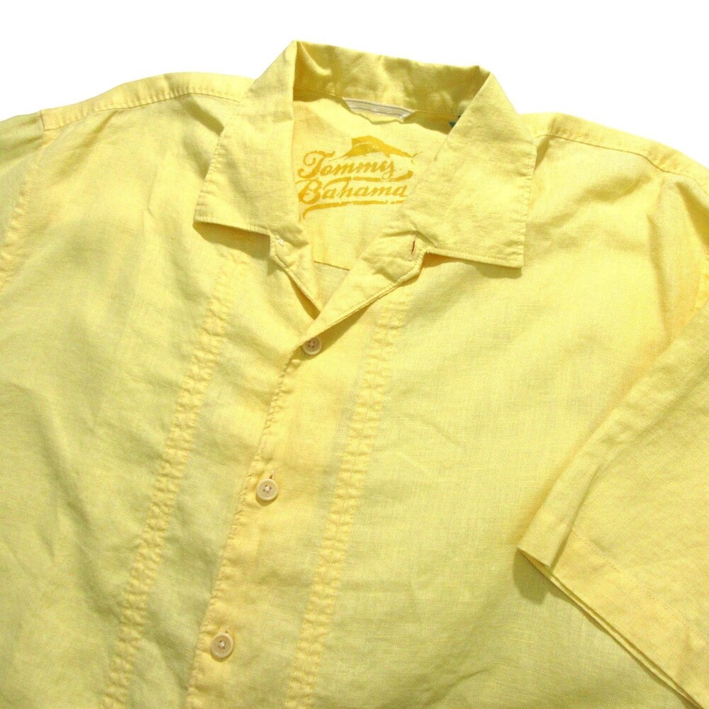 Tommy Bahama Mens Button Up Shirt L Yellow 100% Linen Pocket Short Sleeve